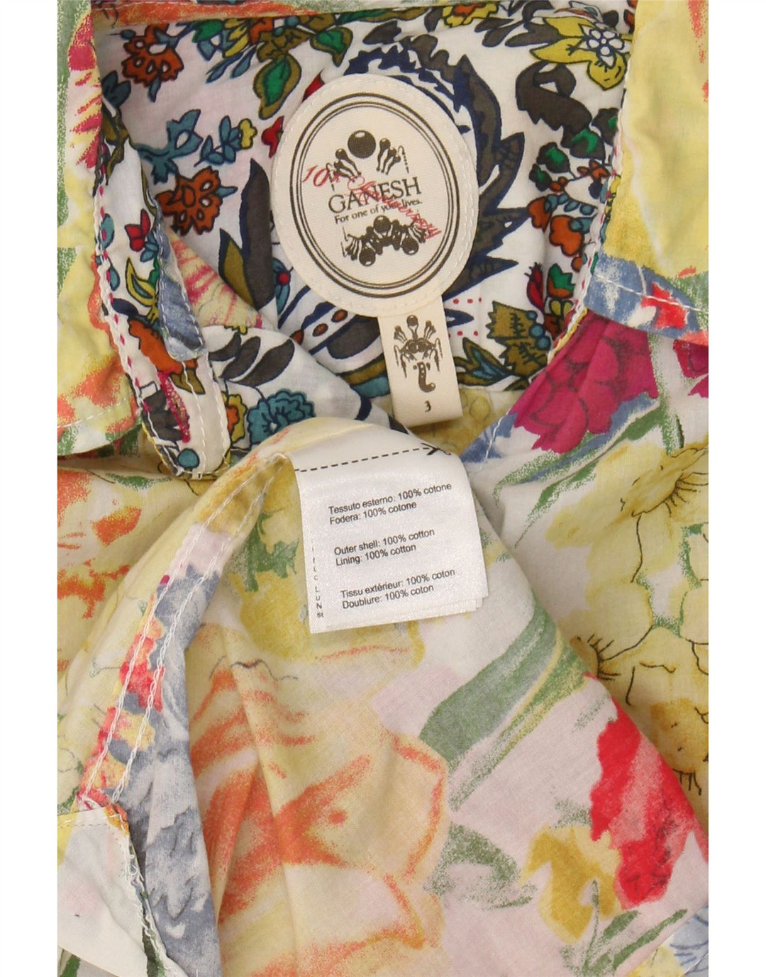 Ganesh Womens Short Sleeve Shirt UK 14 Medium Yellow Floral Cotton