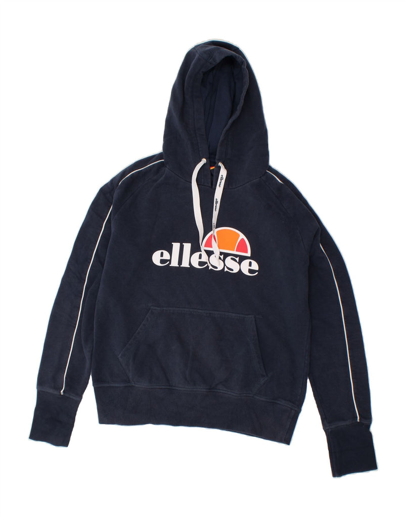 ELLESSE Womens Graphic Hoodie Jumper UK 14 Large Navy Blue Cotton | Vintage Ellesse | Thrift | Second-Hand Ellesse | Used Clothing | Messina Hembry 