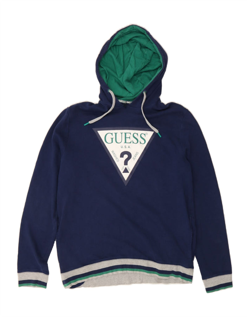 GUESS Mens Graphic Hoodie Jumper UK 40 Medium Navy Blue Cotton Vintage Guess and Second-Hand Guess from Messina Hembry 
