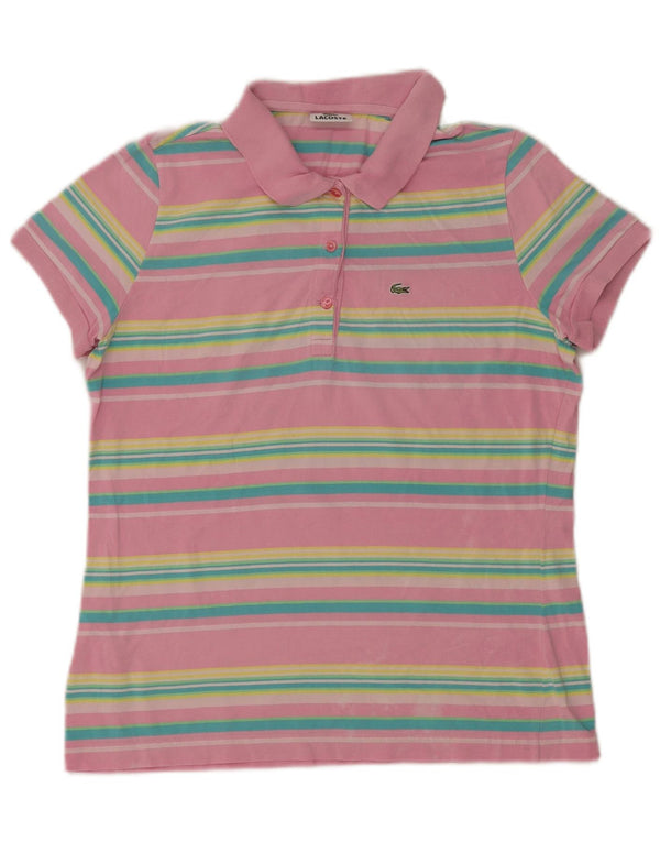 Lacoste Womens Polo Shirt Size 44 Large Pink Striped Cotton
