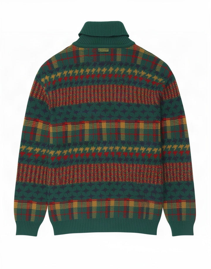 Vintage Mens Roll Neck Jumper Sweater Medium Green Striped