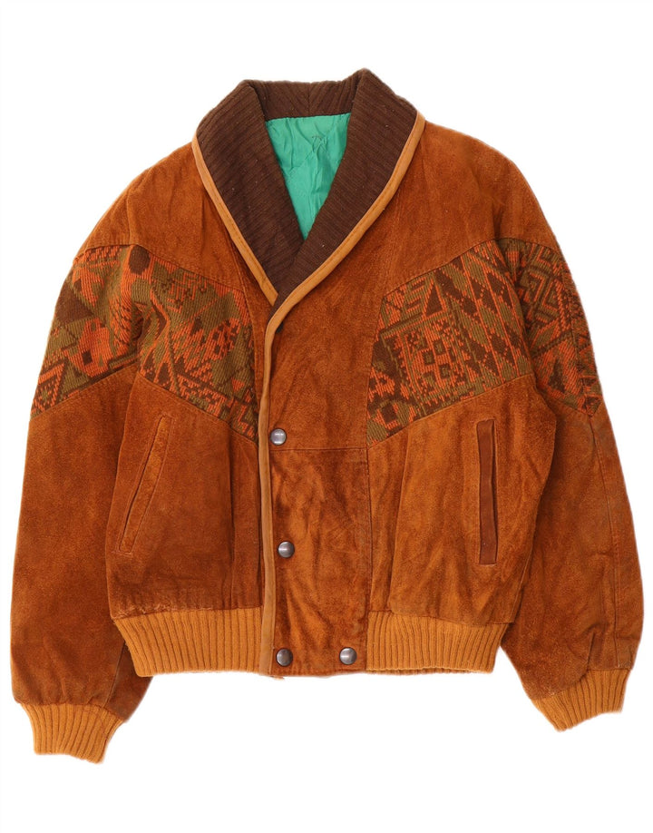 Vintage Womens Bomber Suede Windbreaker Jacket UK 14 Medium Brown Geometric