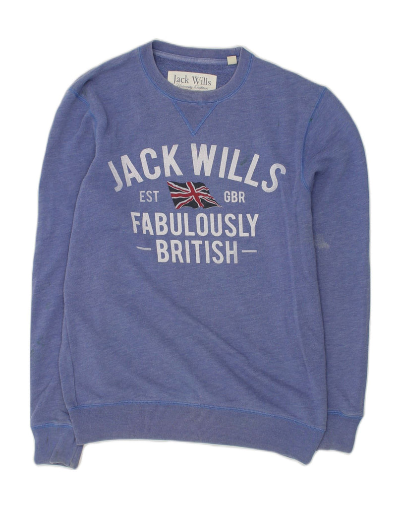 JACK WILLS Mens Graphic Sweatshirt Jumper Small Blue Cotton | Vintage Jack Wills | Thrift | Second-Hand Jack Wills | Used Clothing | Messina Hembry 