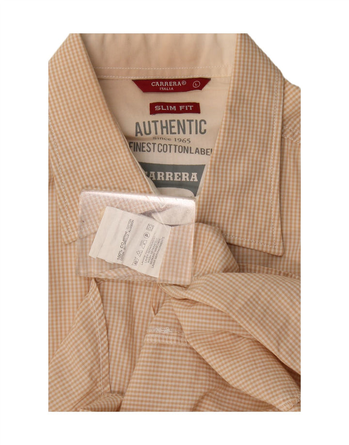 Carrera Mens Slim Fit Shirt Large Beige Gingham Cotton
