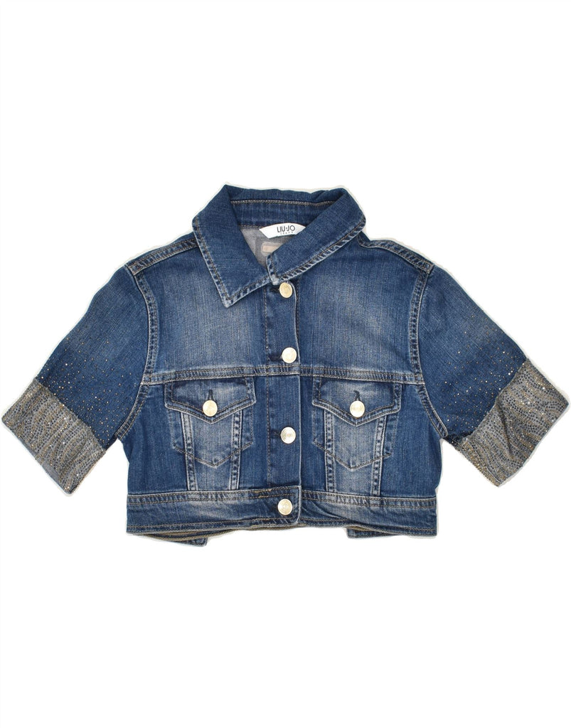 LIU JO Womens Crop Short Sleeve Denim Jacket IT 40 Small Navy Blue Cotton | Vintage Liu Jo | Thrift | Second-Hand Liu Jo | Used Clothing | Messina Hembry 