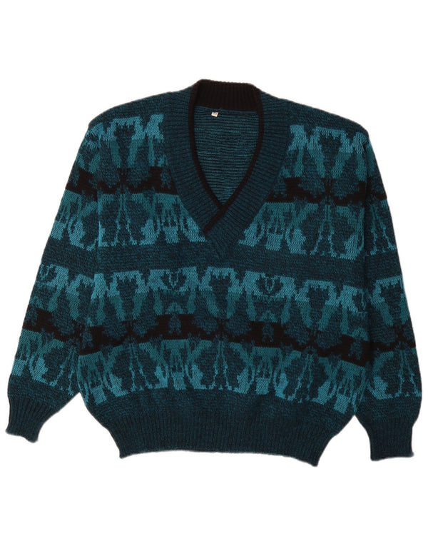 Vintage Mens V-Neck Jumper Sweater IT 50 Medium Blue Fair Isle