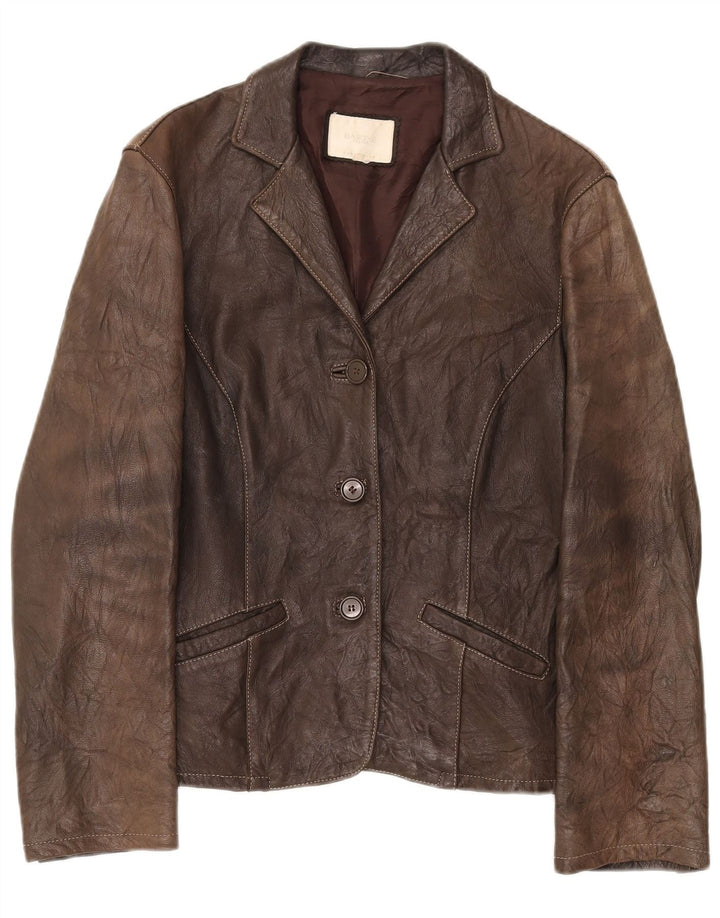 BARONE Womens 3 Button Leather Blazer Jacket UK 14 Medium Brown Leather