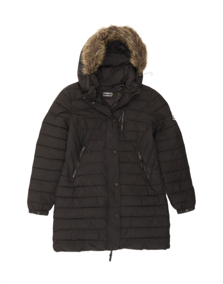 Superdry Womens Hooded Padded Jacket UK 12 Medium Black Polyester