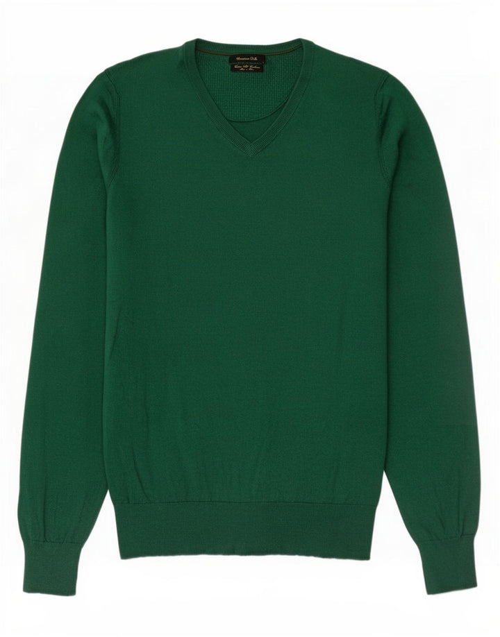 Massimo Dutti Mens V-Neck Jumper Sweater Small Green Cotton