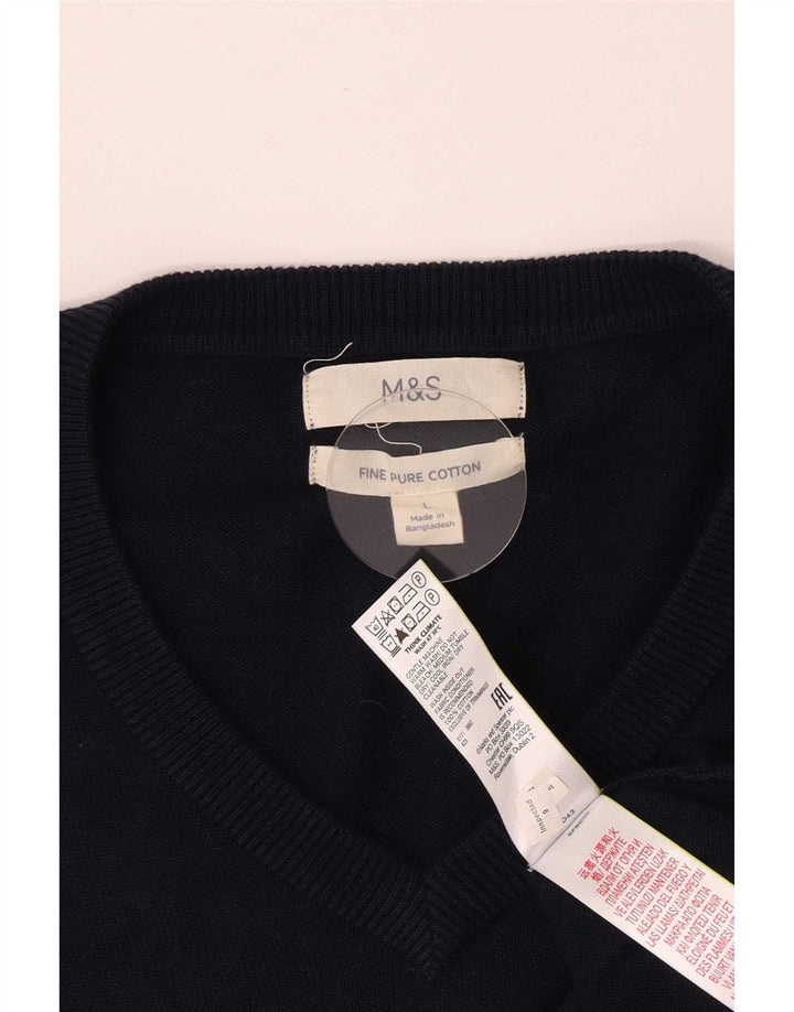 Marks & Spencer Mens V-Neck Jumper Sweater Large Navy Blue Cotton