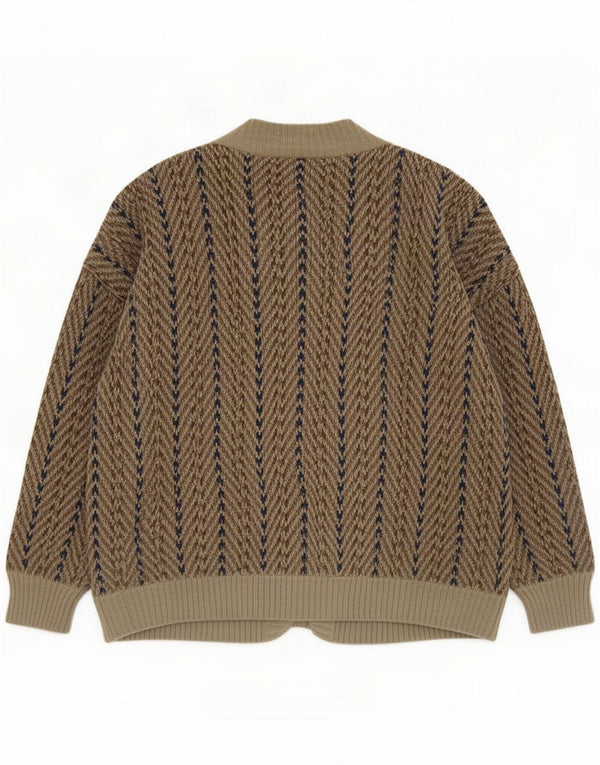 Vintage Mens Loose Fit Cardigan Sweater Medium Khaki Chevron Merino Wool