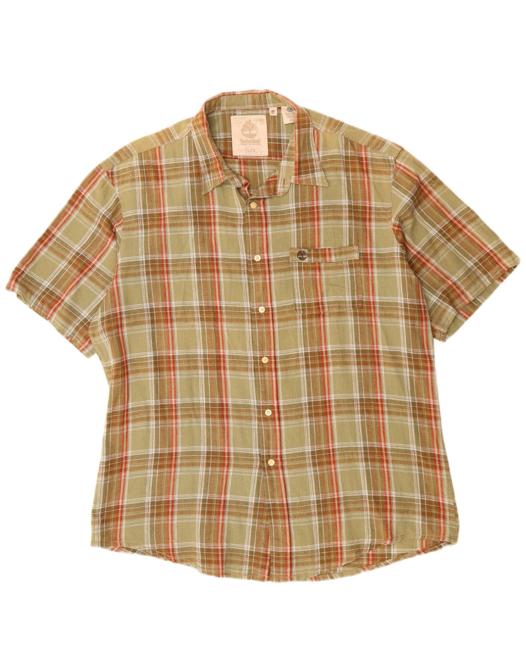 Timberland Mens Short Sleeve Shirt Large Khaki Check Cotton Classic