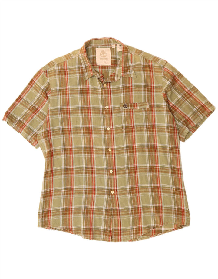 Timberland Mens Short Sleeve Shirt Large Khaki Check Cotton Classic