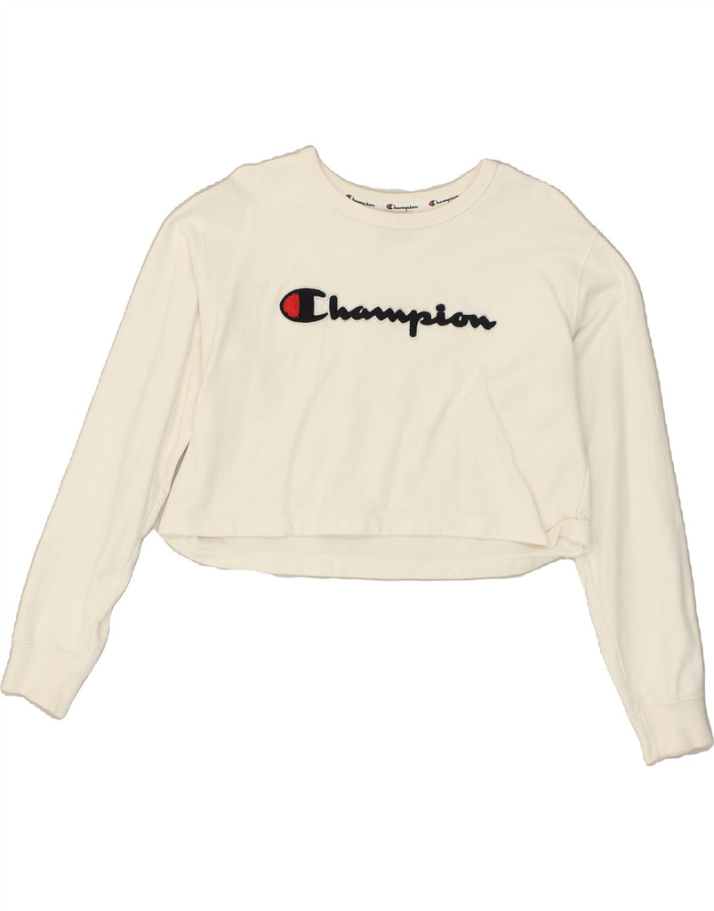 CHAMPION Womens Graphic Crop Sweatshirt Jumper UK 14 Large Off White | Vintage Champion | Thrift | Second-Hand Champion | Used Clothing | Messina Hembry 