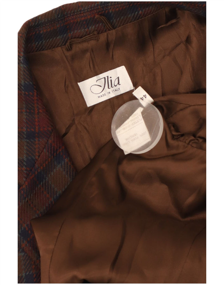 VINTAGE Womens 2 Button Blazer Jacket IT 44 Medium Brown Check Virgin Wool