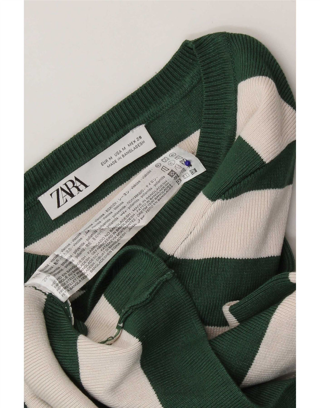 Zara Womens Crop Top Long Sleeve UK 12 Medium Green Striped Viscose