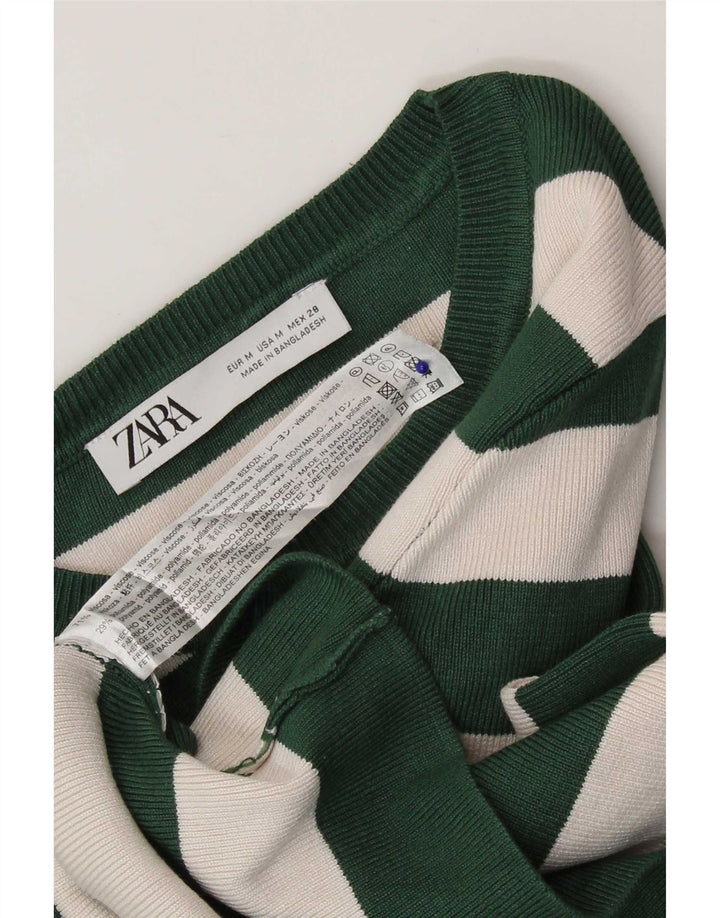 Zara Womens Crop Top Long Sleeve UK 12 Medium Green Striped Viscose