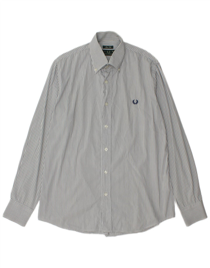 FRED PERRY Mens Slim Fit Shirt Medium Grey Pinstripe Cotton