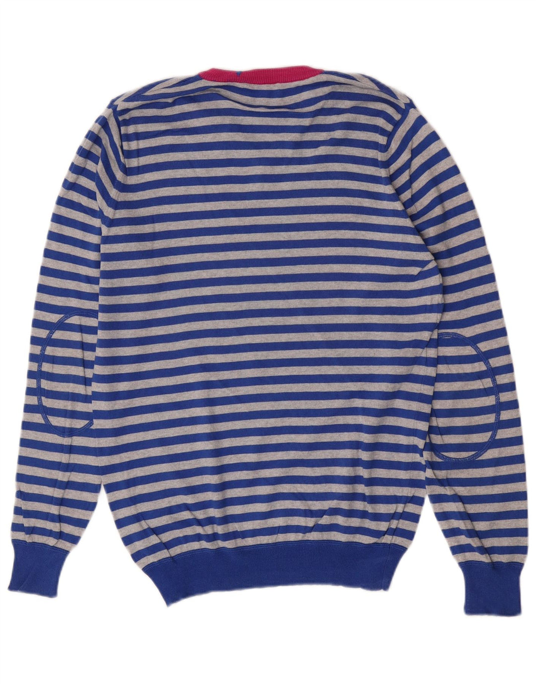 Gas Mens V-Neck Jumper Sweater Medium Blue Striped Cotton