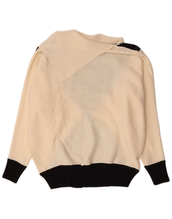 Vintage Womens Shawl Neck Jumper Sweater UK 16 Large Beige Colourblock