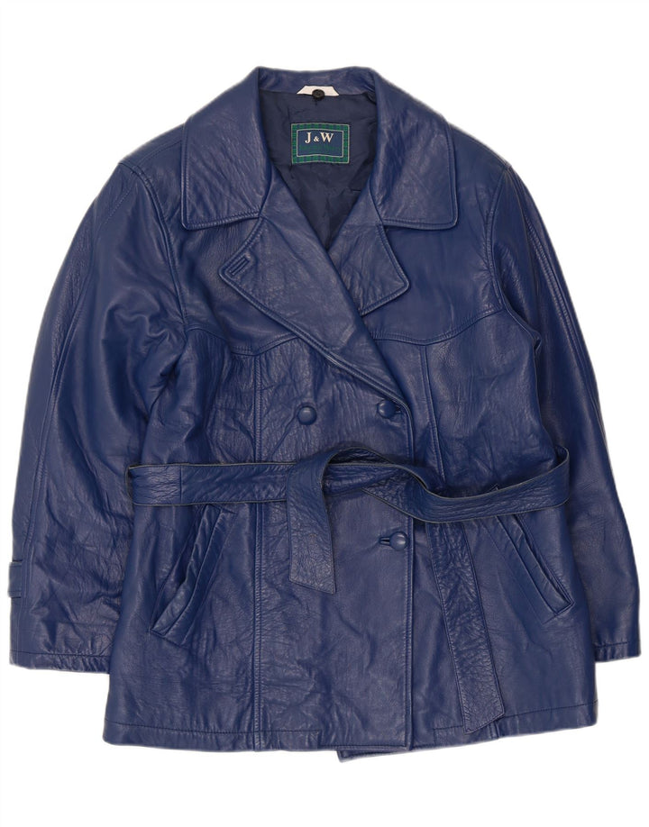 Vintage Womens Double Breasted Leather Jacket UK 12 Medium Navy Blue