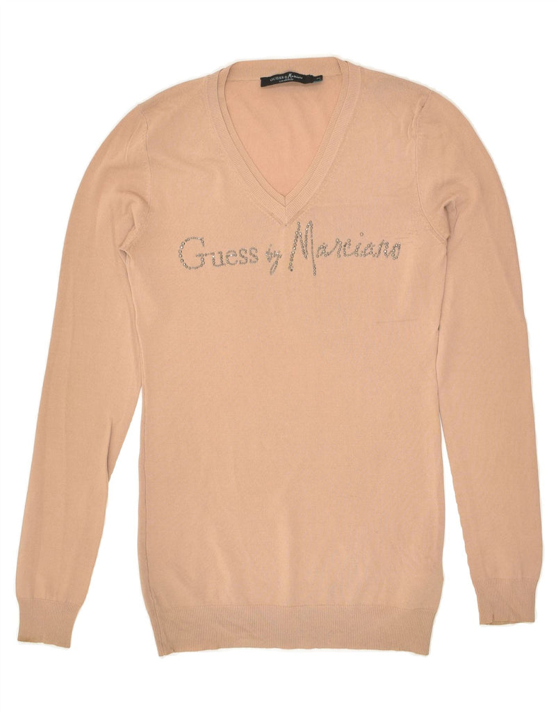 GUESS BY MARCIANO Womens Graphic V-Neck Jumper Sweater US 2 XS Beige | Vintage Guess By Marciano | Thrift | Second-Hand Guess By Marciano | Used Clothing | Messina Hembry 