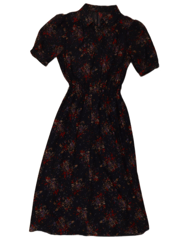 Vintage Womens A-Line Dress UK 10 Small Navy Blue Floral