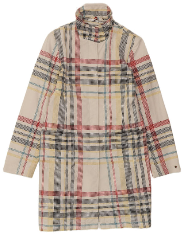 TOMMY HILFIGER Womens Overcoat UK 14 Medium Off White Check Cotton