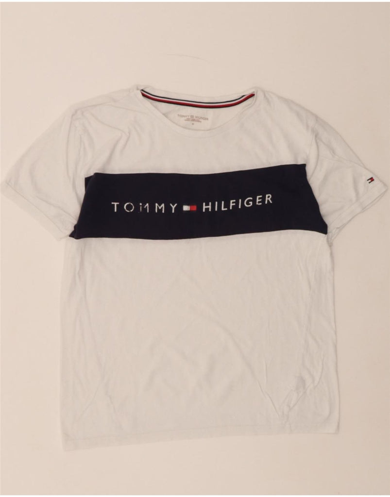 TOMMY HILFIGER Womens Graphic T-Shirt Top UK 14 Medium White Colourblock Vintage Tommy Hilfiger and Second-Hand Tommy Hilfiger from Messina Hembry 