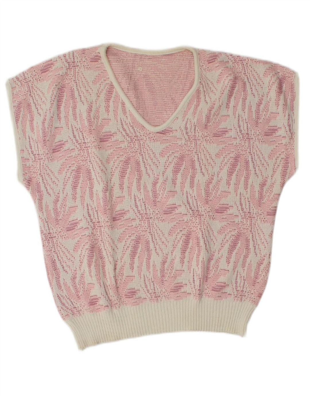 VINTAGE Womens Abstract Pattern V-Neck Jumper Sweater UK 16 Large Pink