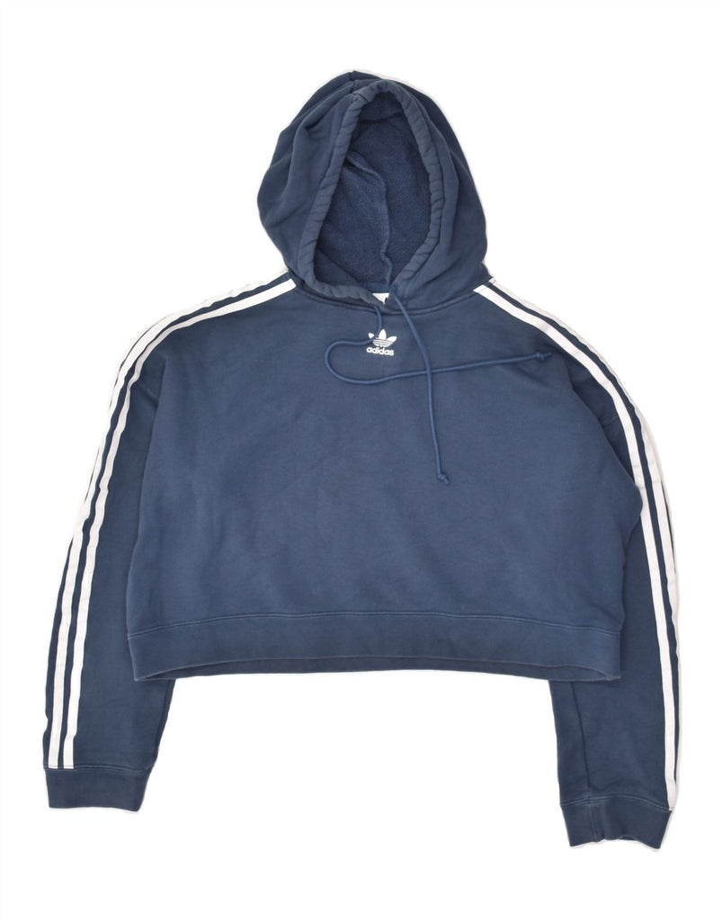 ADIDAS Womens Crop Hoodie Jumper UK 12 Medium Navy Blue Cotton | Vintage Adidas | Thrift | Second-Hand Adidas | Used Clothing | Messina Hembry 