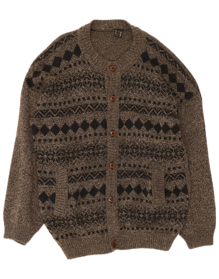 Vintage Mens Cardigan Sweater Large Grey Fair Isle