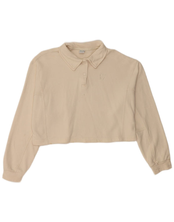 Puma Womens Oversized Crop Long Sleeve Polo Shirt UK 10 Small Beige Cotton