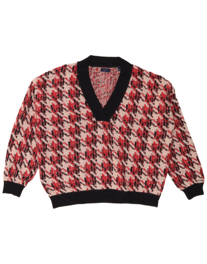 GANT Womens Oversized V-Neck Jumper Sweater UK 16 Large Red Houndstooth
