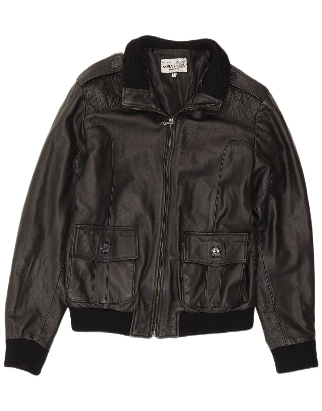 MIRA FURS Mens Military Leather Jacket IT 52 XL Black Leather