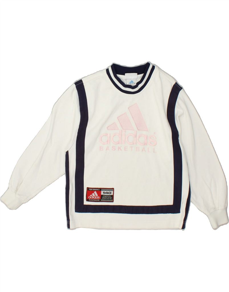 ADIDAS Girls Graphic Sweatshirt Jumper 9-10 Years White Polyester | Vintage Adidas | Thrift | Second-Hand Adidas | Used Clothing | Messina Hembry 