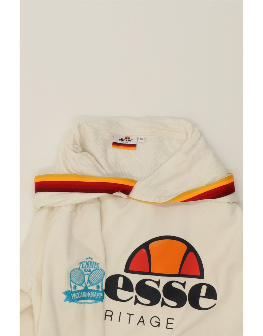 ELLESSE Mens Graphic Hoodie Jumper XS Off White Cotton Vintage Ellesse and Second-Hand Ellesse from Messina Hembry 