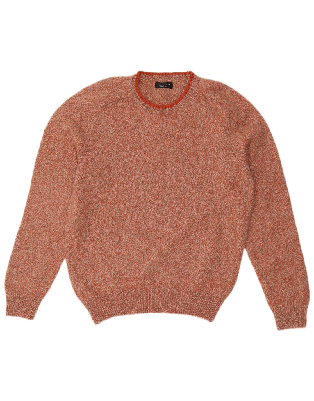 Zara Mens Crew Neck Jumper Sweater Large Orange Flecked Wool