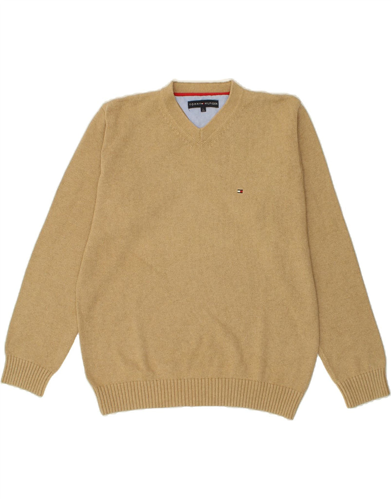 TOMMY HILFIGER Mens V-Neck Jumper Sweater Large Beige Cotton Vintage Tommy Hilfiger and Second-Hand Tommy Hilfiger from Messina Hembry 
