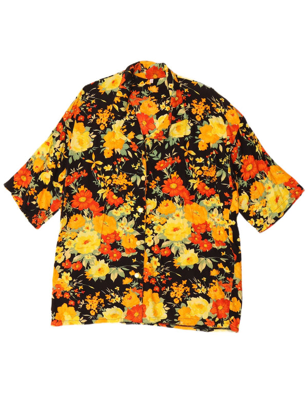 Vintage Womens Short Sleeve Loose Fit Shirt UK 10 Small Black Floral Retro