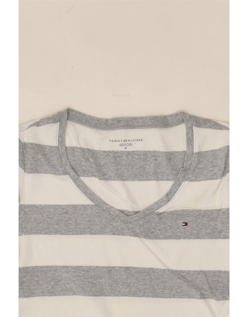 TOMMY HILFIGER Womens T-Shirt Top UK 12 Medium Grey Striped Cotton | Vintage Tommy Hilfiger | Thrift | Second-Hand Tommy Hilfiger | Used Clothing | Messina Hembry 