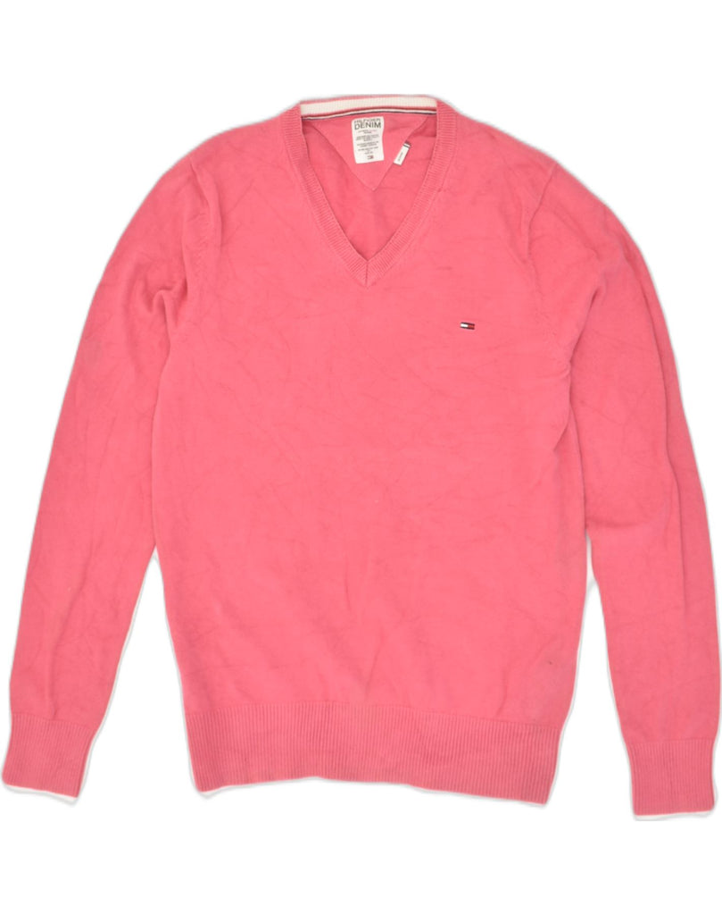 TOMMY HILFIGER Mens V-Neck Jumper Sweater Medium Pink Cotton | Vintage Tommy Hilfiger | Thrift | Second-Hand Tommy Hilfiger | Used Clothing | Messina Hembry 