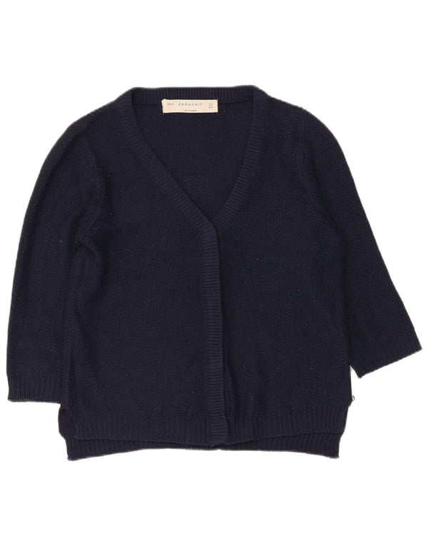 Zara Womens 3/4 Sleeve Cardigan Sweater UK 12 Medium Navy Blue Acrylic