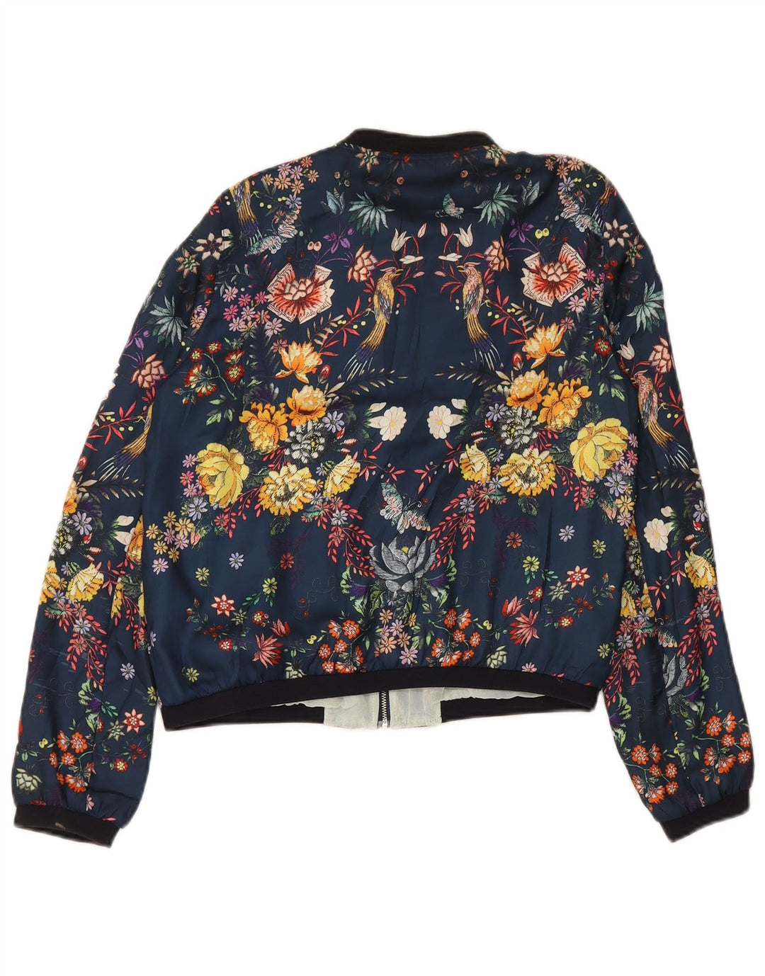 Zara Womens Trafaluc Graphic Bomber Jacket UK 14 Medium Navy Blue Floral