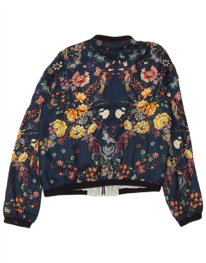 Zara Womens Trafaluc Graphic Bomber Jacket UK 14 Medium Navy Blue Floral