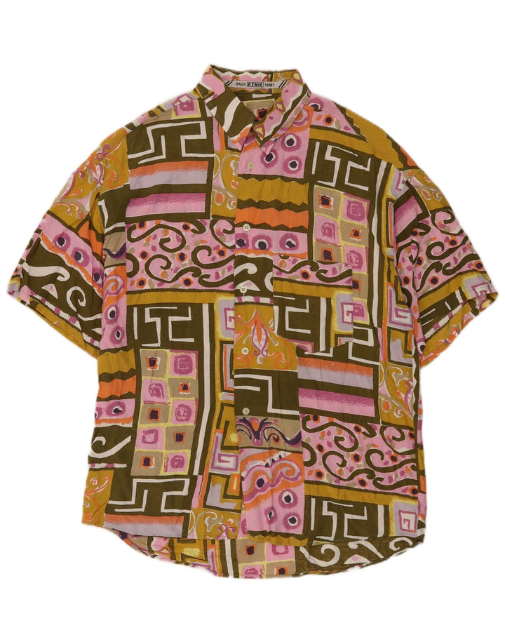 Vintage Mens Short Sleeve Shirt Large Multicoloured Patchwork Viscose