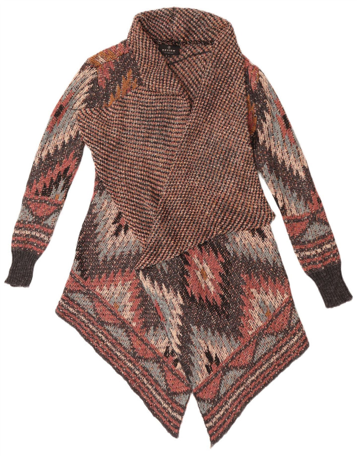 Review Womens Asymmetric Cardigan Sweater UK 10 Small Multicoloured Aztec