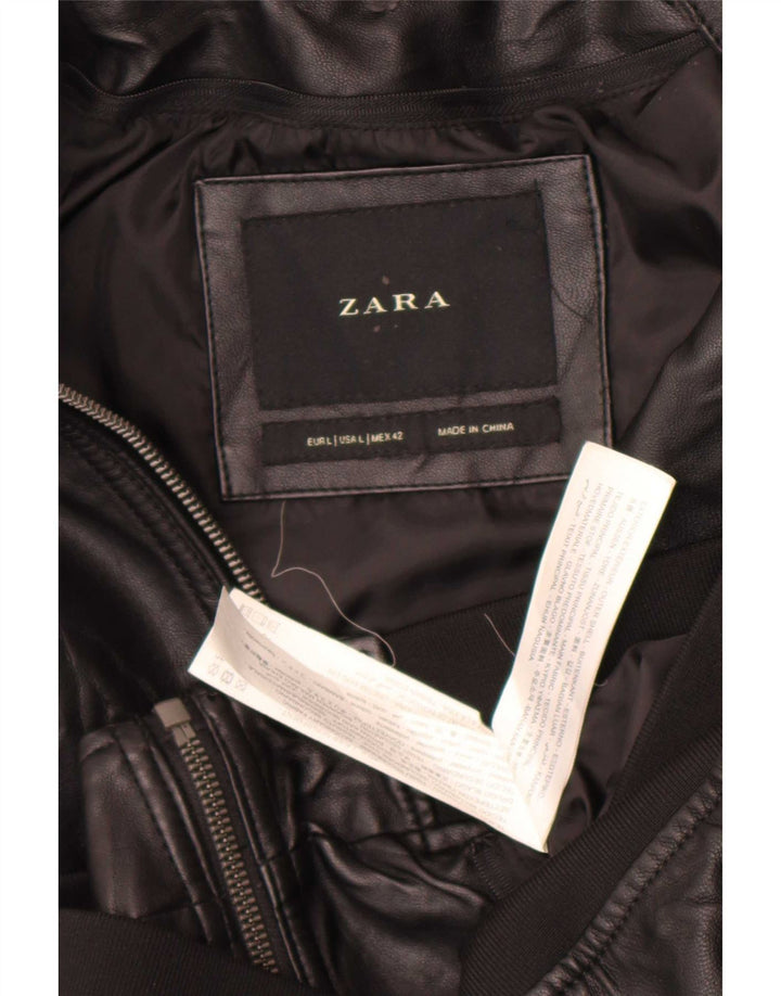 Zara Mens Faux Leather Bomber Jacket UK 40 Large Black Polyester