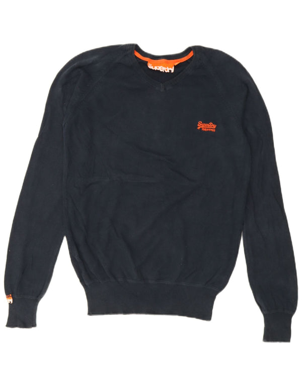 Superdry Mens V-Neck Jumper Sweater Small Navy Blue Cotton