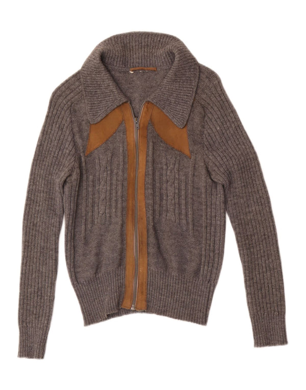 Vintage Womens Full Zip Cardigan Sweater UK 4 XS Grey Colourblock